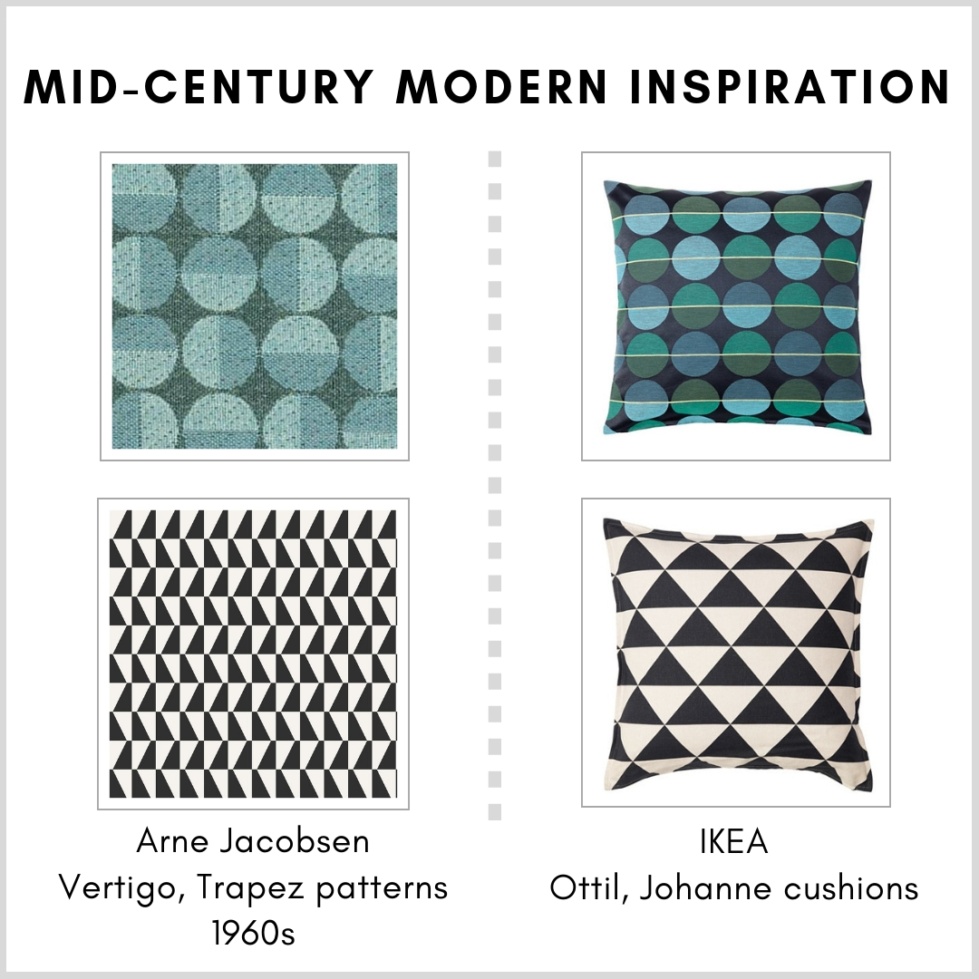 Mid-century modern inspiration in the living room: IKEA Ottil and Johanne cushion covers and Arne Jacobsen patterns - Vertigo/Centennium Circler and Trapez